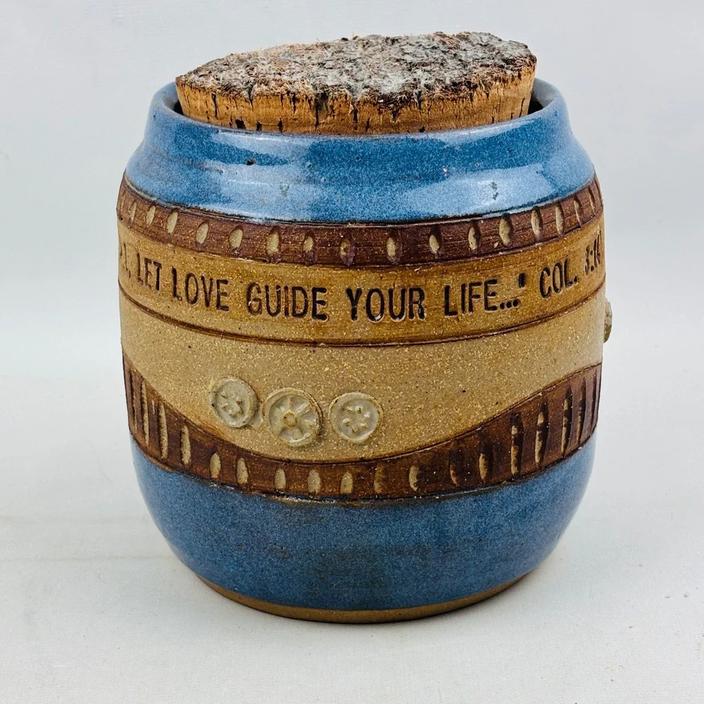 Down to Earth Pottery Jar Cork Lid Blue Let Love Guide Your Life Colossians 3:14